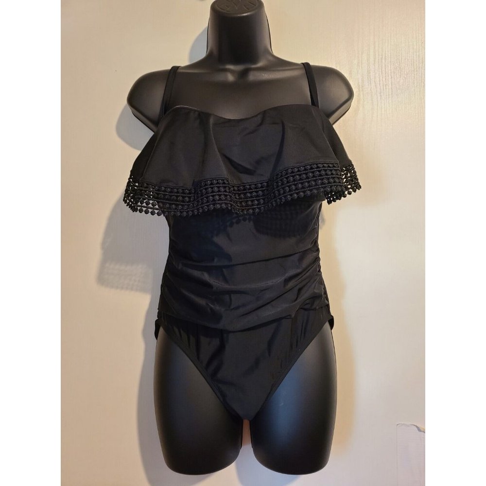 Kona Sol Chic Black Crochet Flutter Top One Piece Swimsuit Size Med